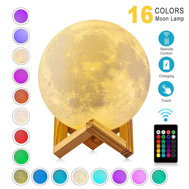 3D Maanlamp LED Nachtlamp – Oplaadbare Kleurenveranderende Moon Lamp met Touch Bediening (16 Kleuren)