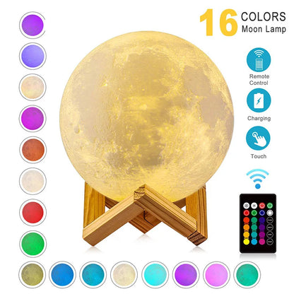 3D Maanlamp LED Nachtlamp – Oplaadbare Kleurenveranderende Moon Lamp met Touch Bediening (16 Kleuren)